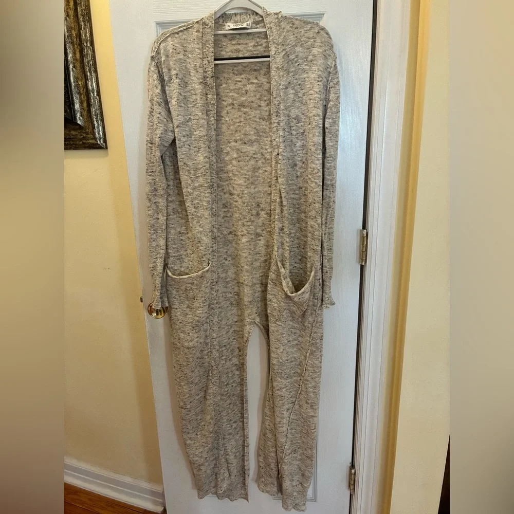 Zara Marled Neutral Open-Front Long Duster Cardigan with Split Back - Picture 1 of 9